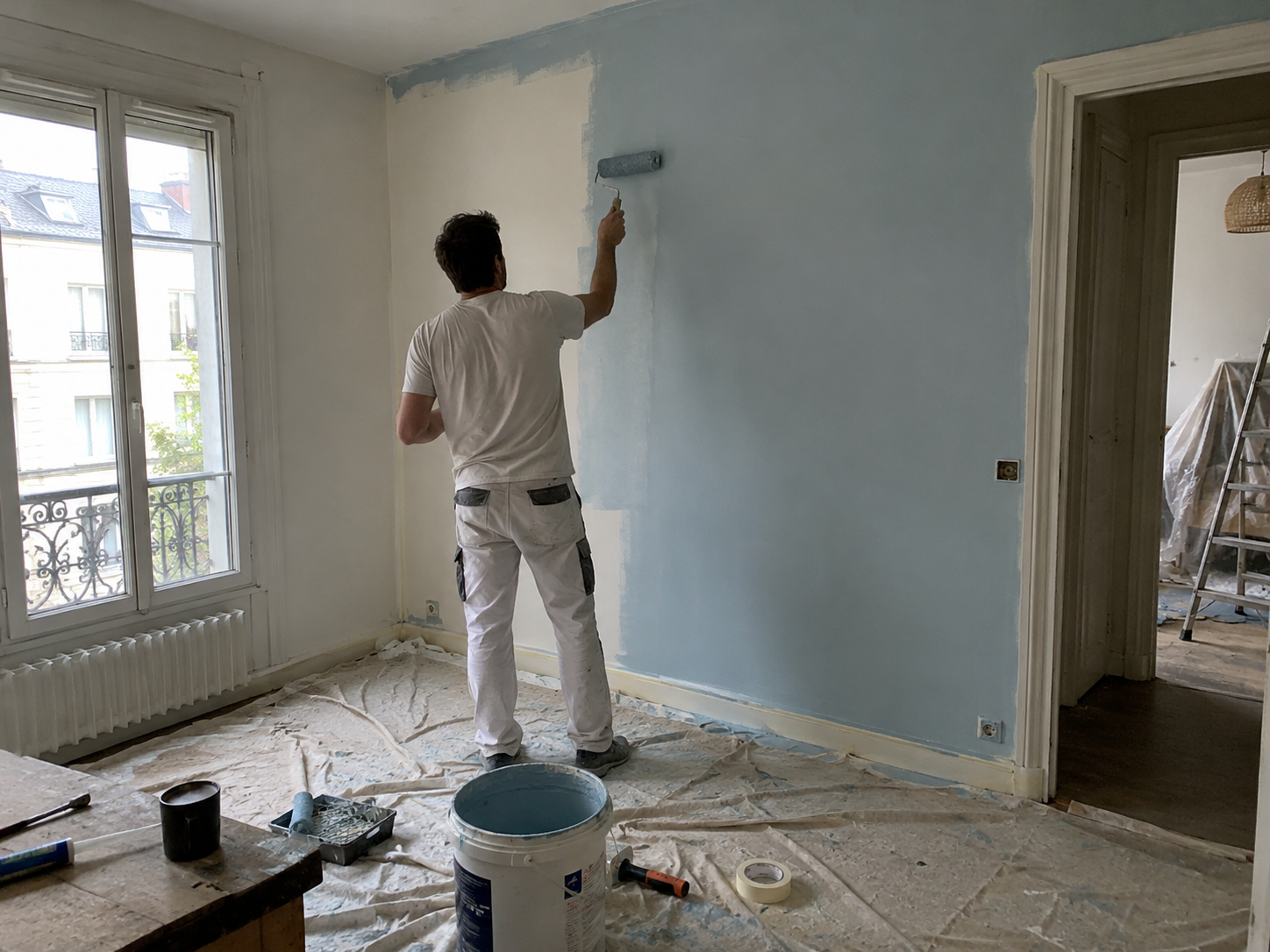 Personne peignant un mur dans une pièce en travaux